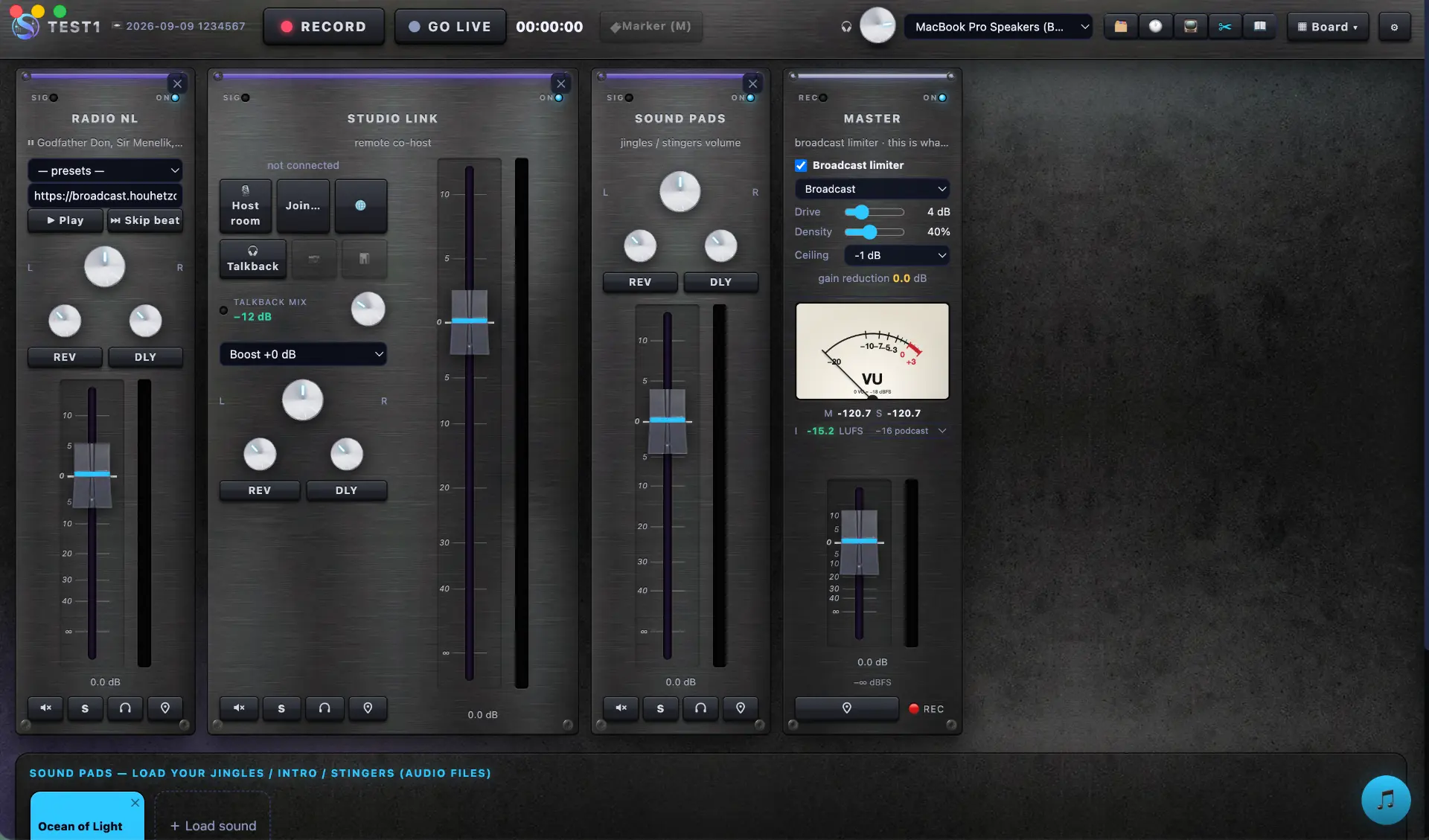 ShioCaster studio application: mixer, waveforms and live metadata